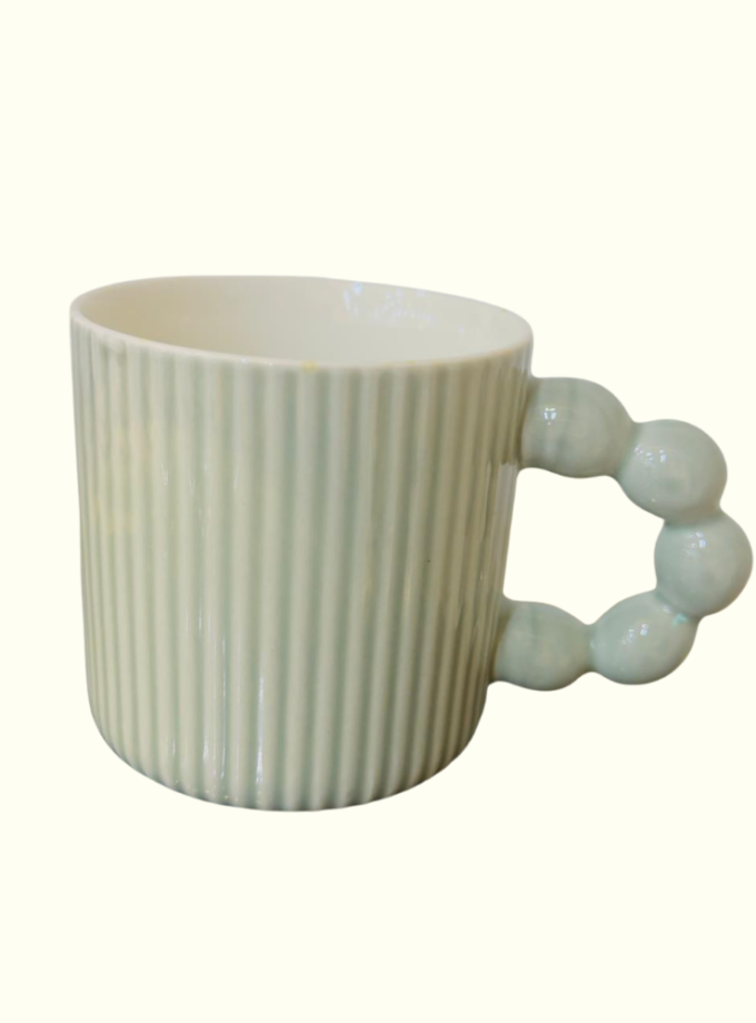 Sage Ribbed Ceramic Mug with Bubble Handle